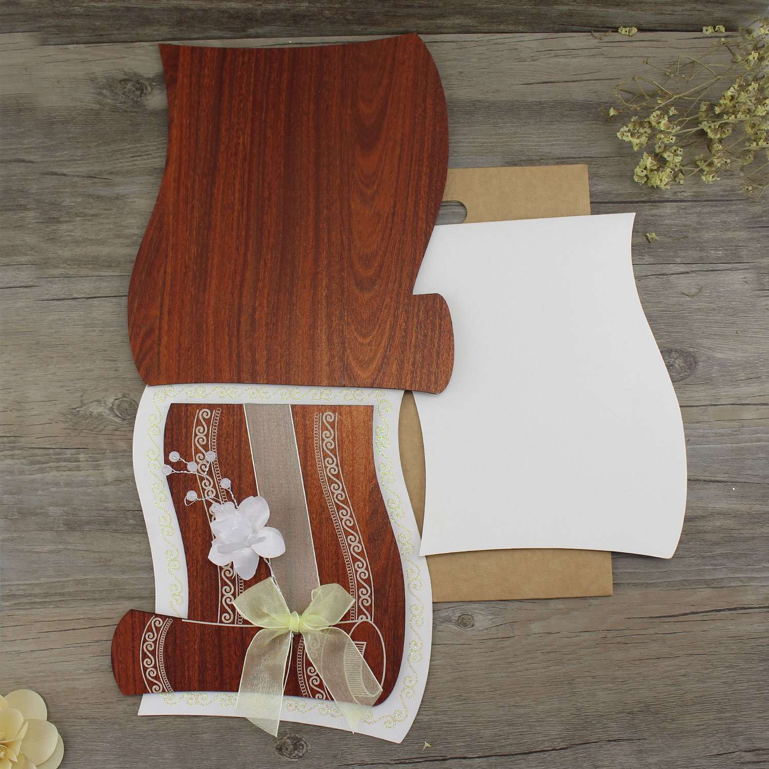 Wooden Invitation Card With Silk Flower Wedding Invitation Card With Hand Bag